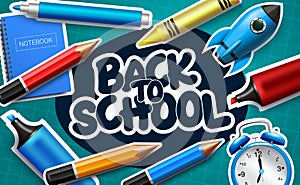 Back to school vector concept design. Back to school text with color pencil, marker and notebook  elements in grid pattern.