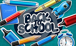 Back to school vector concept design. Back to school text with color pencil, marker and notebook  elements in grid pattern