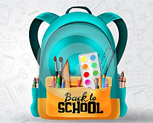 Back to school vector concept design. Back to school text in school bag element and education items.