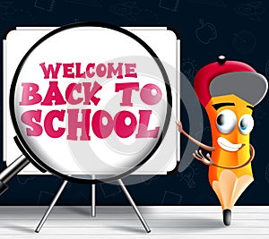 Back to school vector concept design. Welcome back to school text in white board element with pencil character for student.