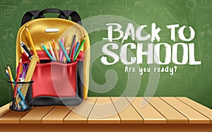 Back to school vector design. Back to school text in chalkboard background with backpack bag and color pencil items for kids.