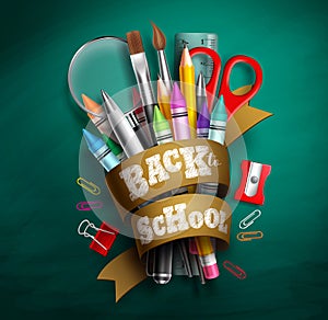 Back to school vector design. Back to school text in ribbon with colorful school supplies and elements