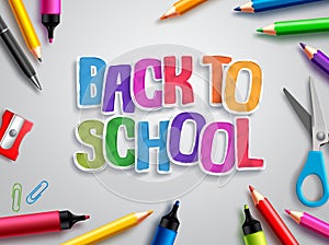 Back to school vector design with colorful paper cut text, education elements and school supplies