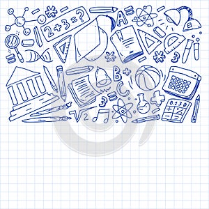 Back to School vector doodle set. Supplies for sport, art, reading, science, geography, biology, physics, mathematics
