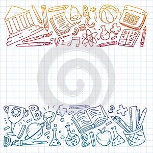 Back to School vector doodle set. Supplies for sport, art, reading, science, geography, biology, physics, mathematics