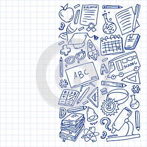 Back to School vector doodle set. Supplies for sport, art, reading, science, geography, biology, physics, mathematics