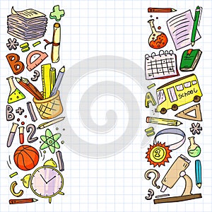 Back to School vector doodle set. Supplies for sport, art, reading, science, geography, biology, physics, mathematics