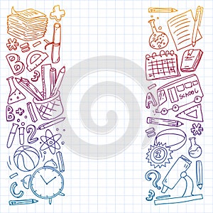 Back to School vector doodle set. Supplies for sport, art, reading, science, geography, biology, physics, mathematics