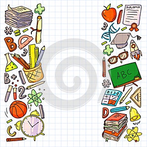 Back to School vector doodle set. Supplies for sport, art, reading, science, geography, biology, physics, mathematics