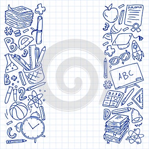 Back to School vector doodle set. Supplies for sport, art, reading, science, geography, biology, physics, mathematics