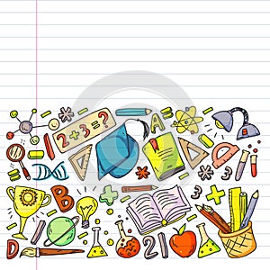 Back to School vector doodle set. Supplies for sport, art, reading, science, geography, biology, physics, mathematics