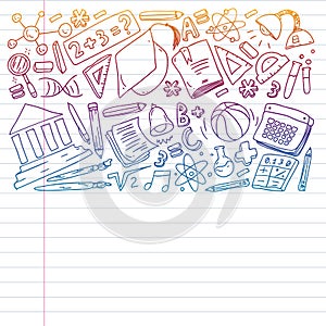 Back to School vector doodle set. Supplies for sport, art, reading, science, geography, biology, physics, mathematics