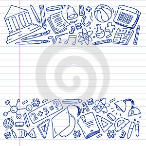 Back to School vector doodle set. Supplies for sport, art, reading, science, geography, biology, physics, mathematics