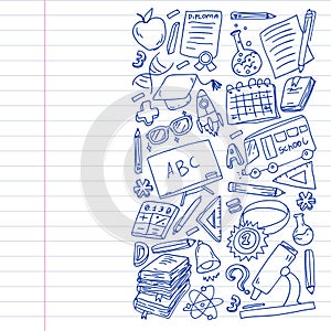 Back to School vector doodle set. Supplies for sport, art, reading, science, geography, biology, physics, mathematics