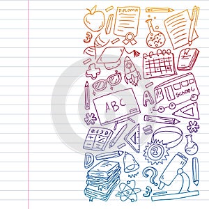 Back to School vector doodle set. Supplies for sport, art, reading, science, geography, biology, physics, mathematics