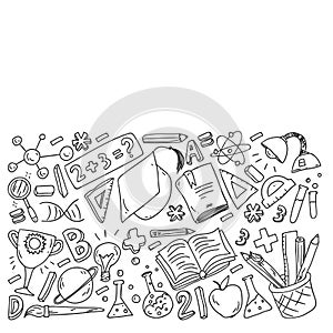 Back to School vector doodle set. Supplies for sport, art, reading, science, geography, biology, physics, mathematics