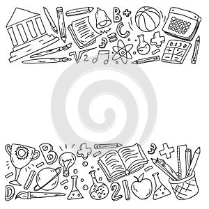 Back to School vector doodle set. Supplies for sport, art, reading, science, geography, biology, physics, mathematics