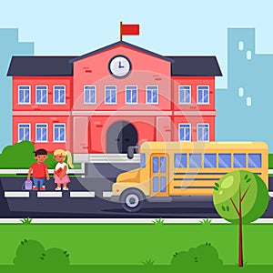 Back to school, vector flat illustration. School building, yellow bus and children. Pupils with backpacks and books