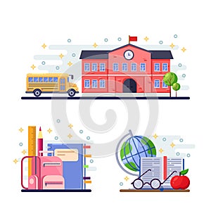 Back to school vector flat illustration. School building, yellow bus and stationery supplies. Education icons.