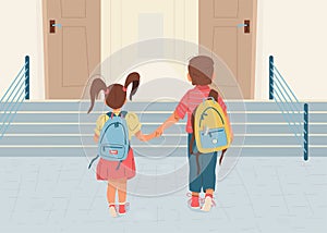 Back to school vector illustration background. Happy little boy and girl is going to school for the first time. They