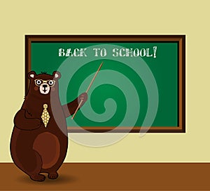 Back to school vector illustration with cute cartoon bear teacher