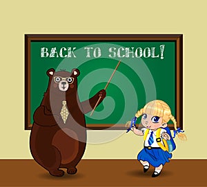 Cute cartoon bear teacher and kawaii schoolgirl near blackboard in classroom