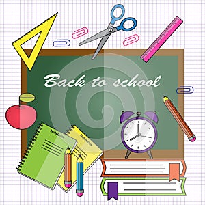 Back to school. Vector illustration in flat style. Blackboard wi