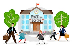 Back to school vector illustration. Parents lead children to school