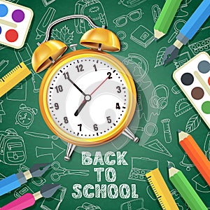 Back to school vector illustration. Realistic 3d yellow alarm clock on green background with doodle school supplies.