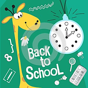 Back to school vector illustration. Style comics cartoon about school. For the youngest children. Giraffe looks at the clock to go
