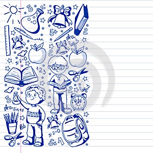 Back to School. Vector pattern with icons and children.