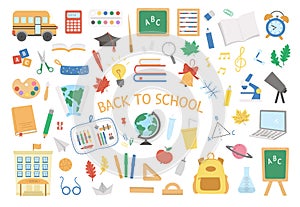 Back to school vector set of elements. Big educational clipart collection. Cute flat style classroom objects with supplies, school