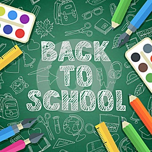 Back to school vector sketch lettering and color school supplies icons.