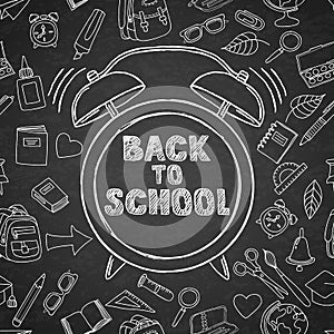 Back to school vector sketch lettering and hand drawn watercolor alarm clock. Black board background.