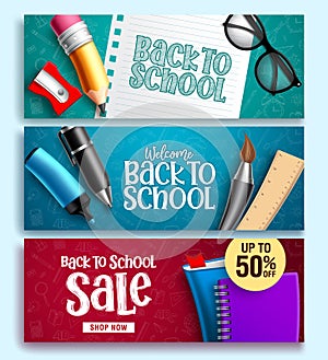 Back to school vector web banner set. Back to school educational background design with colorful education elements