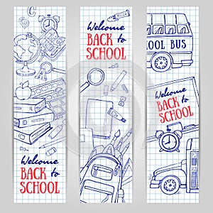 Back to School vertical banners. Sketchy stationery, blackboard, bus