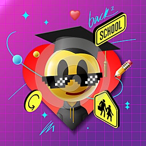 Back to school. Web banner with emoji smiling face in graduation hat and social media icons. Training courses, digital