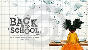 Back to school web banner with school girl with afro puff hair in classroom at lesson, flying books surround, checkered photo