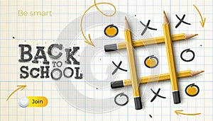 Back to school web banner notebook page with tic tac toe game pencils makes and doodle vector illustration