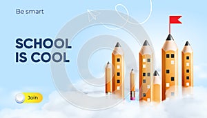 Back to school, web banner, poster. Pencils like school buildings surrounded by clouds