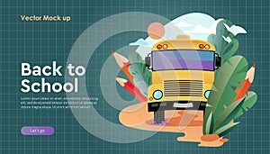Back to school. Web banner with school bus on road, green checkered chalkboard background