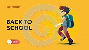 Back to school web banner, yellow background. Child boy with school backpack