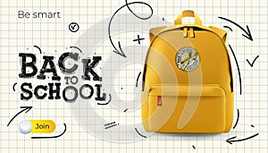 Back to School web template. Yellow school bag, checkered paper background with doodle drawing