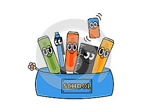Back to school weird character. Retro school pencil case with pen, markers, ruler and eraser. Groovy sticker on a