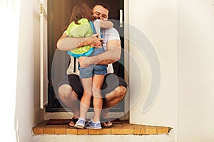 Back to school, welcome and dad hug at home with young girl with happiness and parent love. Father care, support and