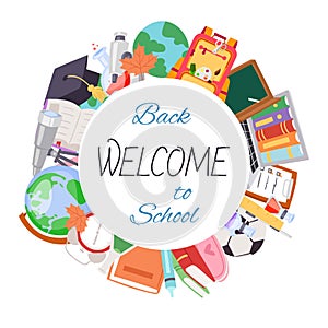 Back to school welcome poster, vector illustration. Cartoon backpack with books, globe and chalk board, football and photo