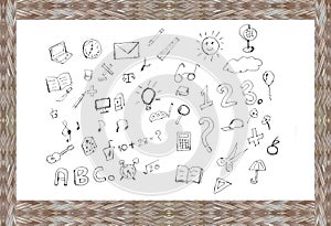 Back to school welcome set. design concept education supplies icons on wooden background. hand draw doodle illustration