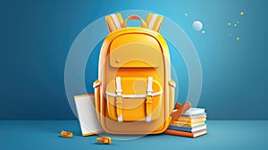 Back to school white vintage sign with yellow school bag isolated on blue background. Vector 3d illustration with orange backpack