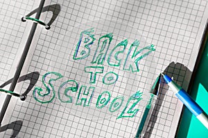 Back to school. Written by hand in a notebook in a cage with two pens-Blue and green.