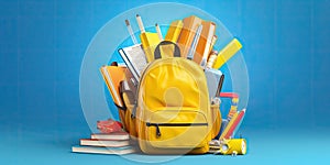 Back to school. Yellow backpack with books and school stuff on blue background